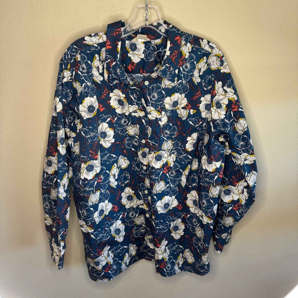 Duluth Trading Wrinkle Fighter Womens Button Down Shirt Blue Floral Size 1X